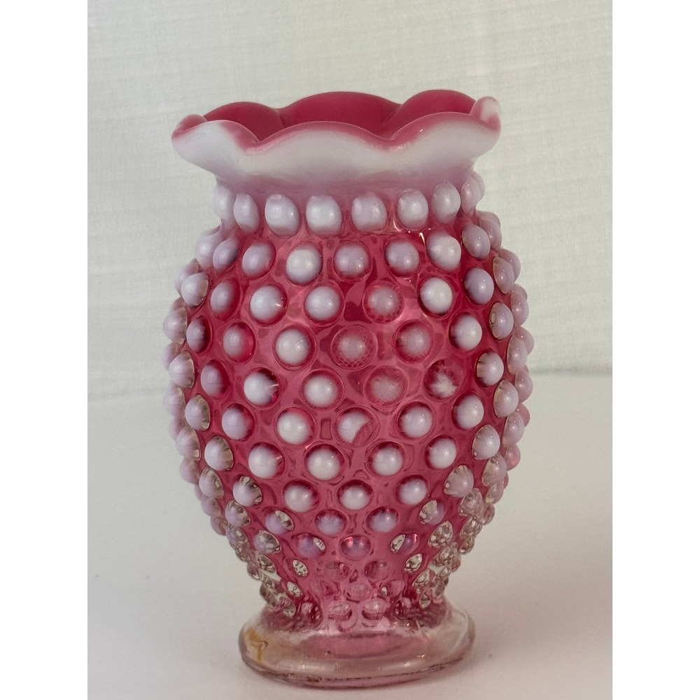 Fenton Vase Cranberry Opalescent Hobnail Ruffled Rim Pink Vintage Excellent